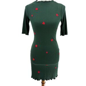 Heart & Hips Womens S Ribbed Green Dress W/ Rose Embroidery & Scalloped Hem